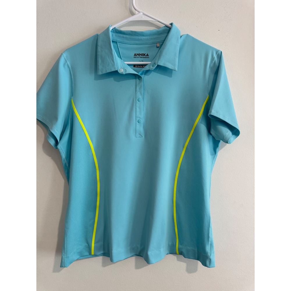Annika Cutter & Buck CB DryTec Polo Womens Large Blue Neon Yellow‎ Golf Shirt